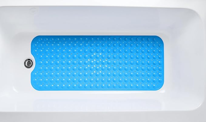 Extra-Long Non-Slip Bathtub & Shower Mat 39”x16” (Smooth/Non-Textured Tubs Only) Safe, Clean, Machine-Washable, Superior Grip&Drainage, Vinyl, Opaque Light Blue