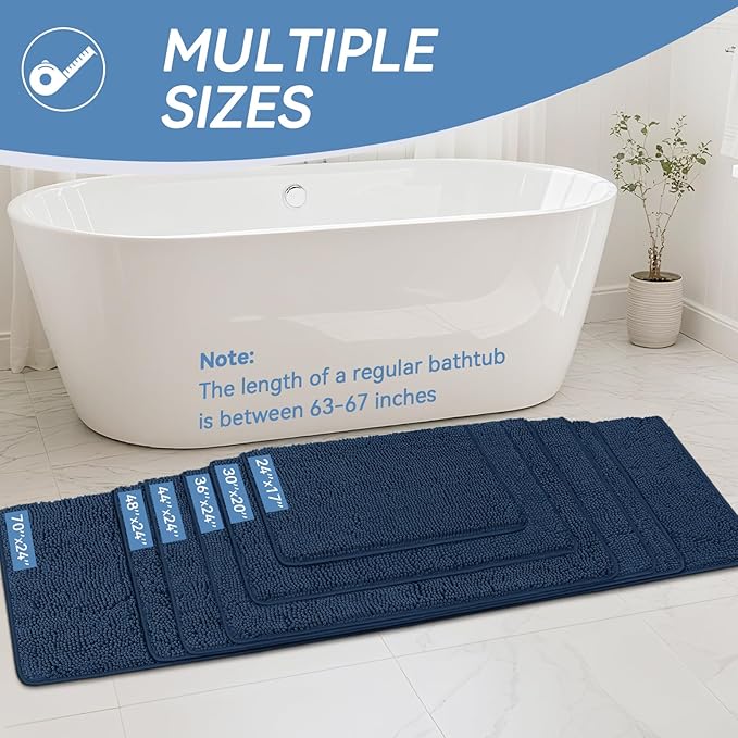 Bcoimo 30x20 Chenille Bath Mat – Non-Slip with Backing Bath Rug Ultra-Absorbent and Machine Washable Bathroom Mat Quick-Dry Design. Ideal for Bathroom Shower and Tub Areas