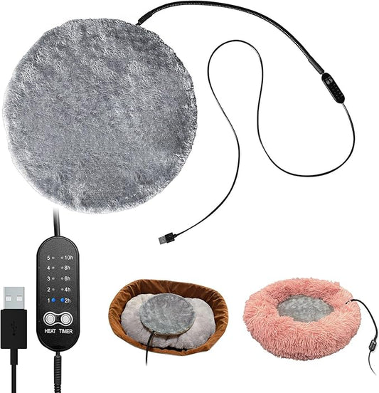 USB Pet Heating Pad with Washable Cover, 5-Temp & Timer – Turn Any Bed Heated, 140°F Auto Shut-Off, 5V Safe Warmer for Cats & Dogs Indoor/Outdoor, Power Bank/Wall/Car Powered (14"x14")