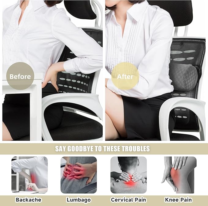 Lumbar Roll Pillow for Lower Back, Lumbar Support Foam Roll Cushion with Pillowcase and Upgraded Strap for Office, Chair, Car, Seat Pain Relief & Improving Posture (Light Grey, Long-15*4.3'')