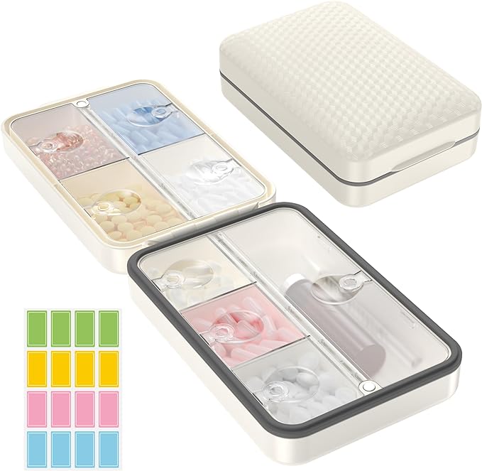 Restree Weekly Pill Organizer 8 Compartment, [Triple Seal Magnetic Lock] Travel Pill Case with Labels & Inner Lid, Moisture Proof for Vitamins, Fish Oil, Supplements, Daily Meds – 7+1 Large (White)