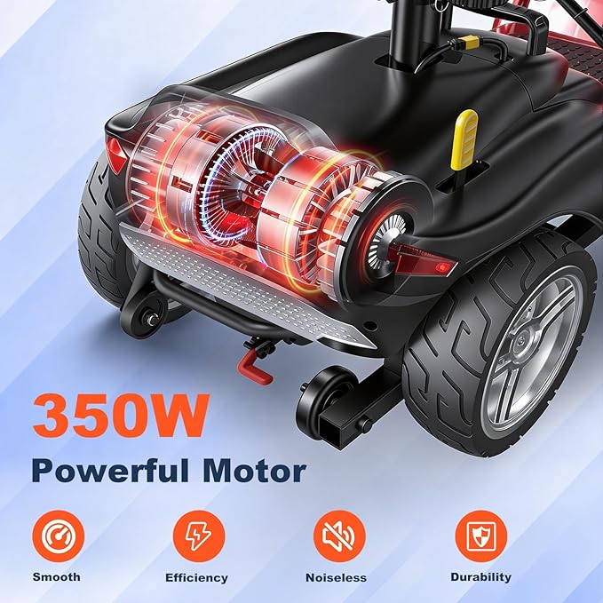 15/25/30/50Miles Eldryvon 4 Wheels Electric Mobility Scooter for Seniors, Dual Basket, 350W Powered Wheelchair with Rotating Seat, Foldable Motorized Scooter for Adults (Red, 25Miles)
