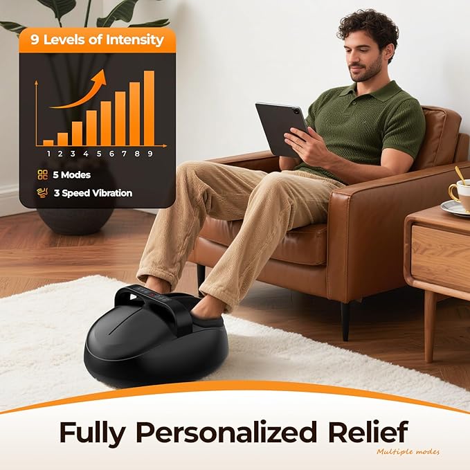 HTM Foot Massager with Heat, 5 Modes & 9-Level Intensity & 3-Speed Vibration, Shiatsu Kneading & Rolling Compression, with Remote & Portable Handle, Fits Up to Men's Size 13, Gift for Women Men