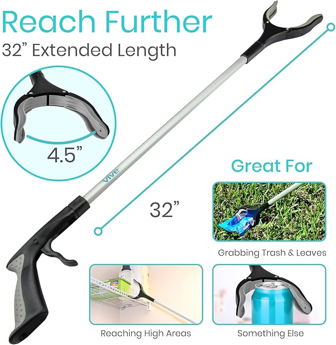 Vive Reacher Grabber Tool - 32" Extra Long Pickup Aid (2 Pack) - Trash Picker Upper, Rotating Hand, Heavy Duty Grip Arm - Reaching Assist for Litter, Elderly, Garden Nabber, Disabled, Handicap Arm