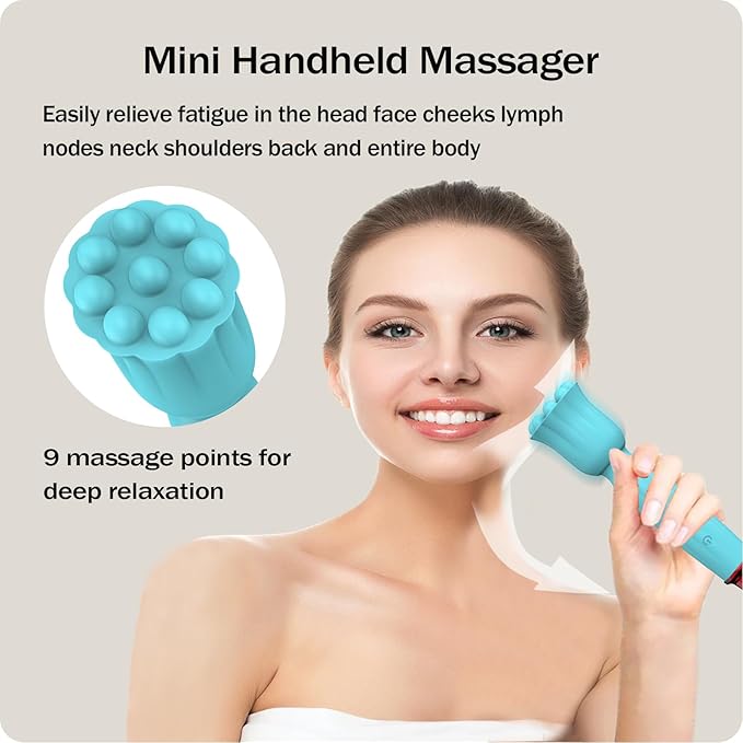 Mini Handheld Massager, IPX65 Waterproof Portable Massager with Soft Silicone, Full Body Muscle Relief for Head, Face, Neck, Shoulder & Back, USB Rechargeable, 10 Adjustable Modes & Speeds, Blue