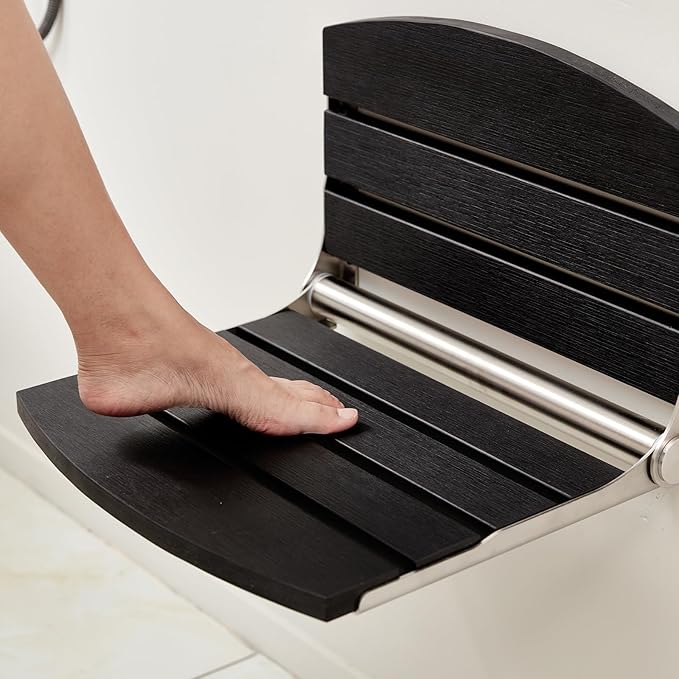17.5" Wall Mounted Shower Seat, Fold Down Shower Seat Wall Mounted, HDPS Foldable Shower Seat, Folding Shower Seat Attached to Wall, for Inside Shower, Home Care(Black)