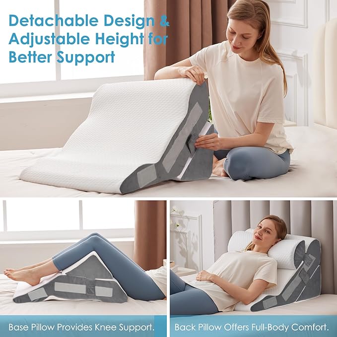 MEGCXIT 4PCS Bed Wedge Pillow for Headboard, Adjustable Wedge Pillow for Sleep Apnea, 23” Wide Triangle Pillow Wedge Set for After Surgery, Acid Reflux Relief, Snoring, Neck&Back Support, White/Grey