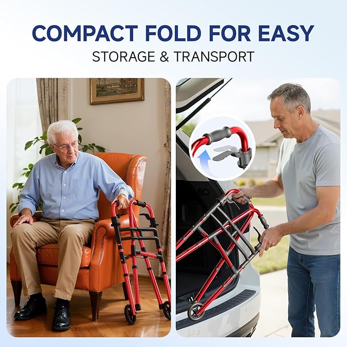 Loyoda Walkers for Seniors Foldable, Aluminum Lightweight Walker with Wheels, Adjustable Height & Width Standard Walkers for Elderly & Disabled, 350 lbs Capacity, Red