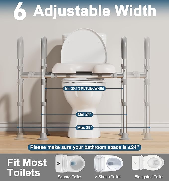 HOMLAND Raised Toilet Seat with Handles, 400 LBS Toilet Seat Risers for Seniors with Dual-Crossbar Support, Adjustable Height & Width Handicap Elevated Toilet Riser Fit Any Toilet, Gray