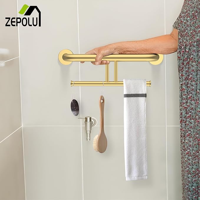 Brushed Gold Grab Bar for Bathroom 17 Inch, Zepolu Stainless Steel 2-in-1 Safety Handrail w/Double Toilet Paper Holder, Wall Mounted Balanced Support Bar Assist Handle for Senior Elderly Handicap