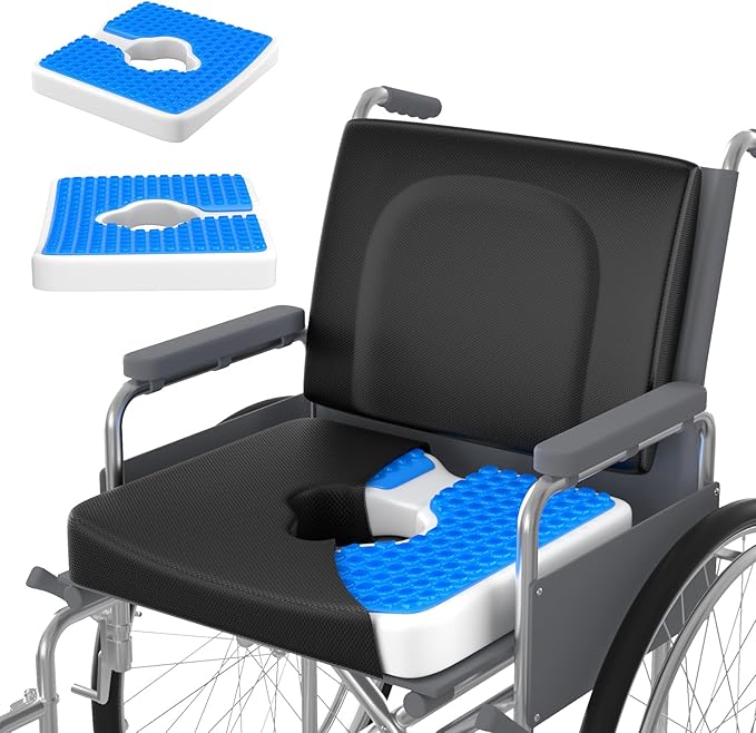 Bed Sore Wheelchair Cushions, 2-Piece Set - Wheelchair Lumbar Pillow,Gel Infused Seat Cushion, 18”x16” for Sciatica, Back & Coccyx Pain，Bedsore Pressure Relief, with Anti-Slip&Washable Cover