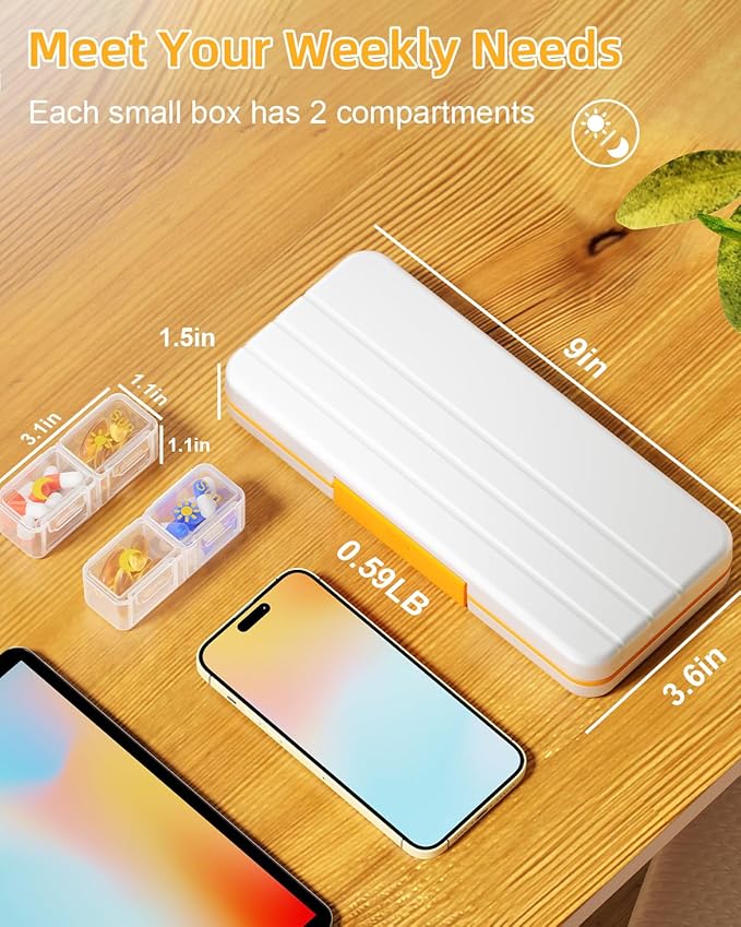 AM PM Pill Organizer 2 Times A Day, 7 Day Pill Box Weekly Pill Organizer Travel with Separate Container, Portable Daily Medicine Planner Dispenser Case for Vitamin, Fish Oils, Supplements（Beige）