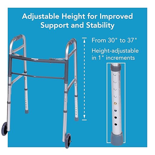 Carex Folding Walker with Wheels for Seniors, Portable Medical Walker with Adjustable Height, 30-37 Inches, Mobility Aid for Adults, Elderly, and Handicapped, Foldable, Aluminum Frame, Lightweight