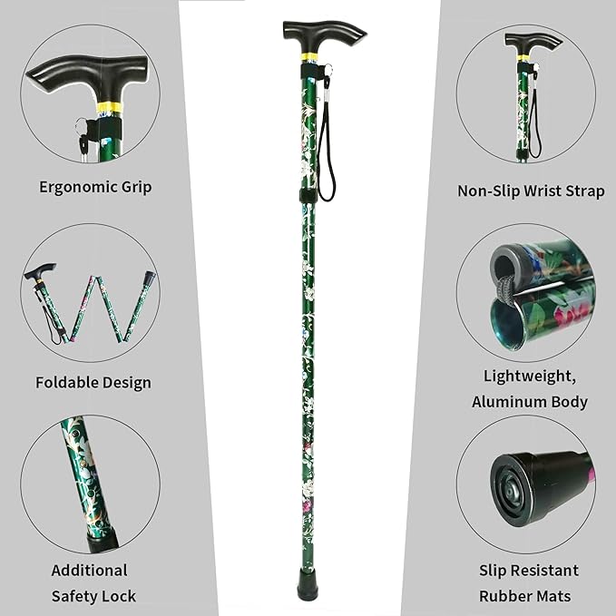 Folding Cane, 5-Level Adjustable Height Lightweight Portable Foldable Walking Canes with Wrist Strap and T Handle for Men Women Seniors