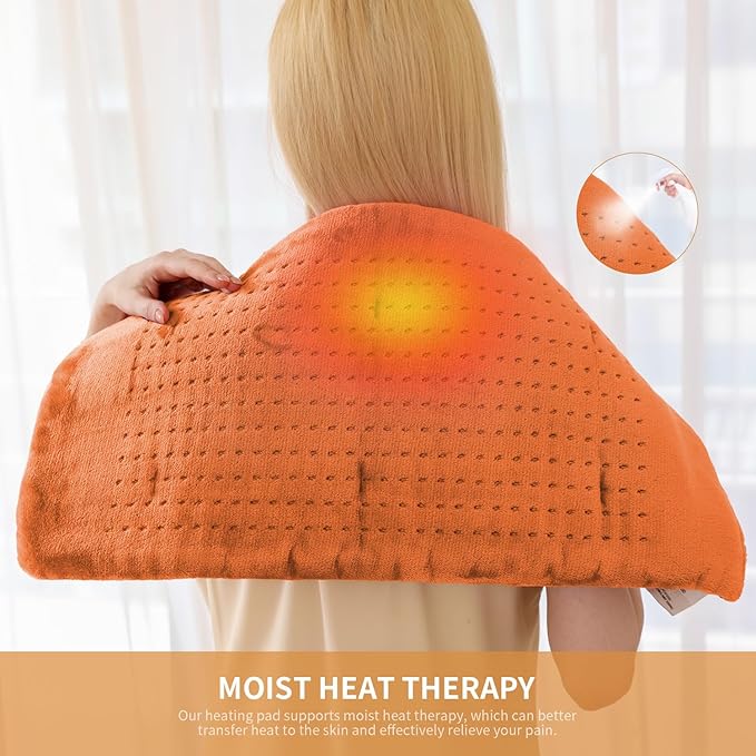 Massaging Weighted Heating Pad - Electric Heating Pad for Back Pain Relief with Massager, 3 Heat, 6 Massage, Auto Off, Extra Large Vibrating Heat Pad for Shoulder Neck (Pumpkin Yellow, 20"×24")