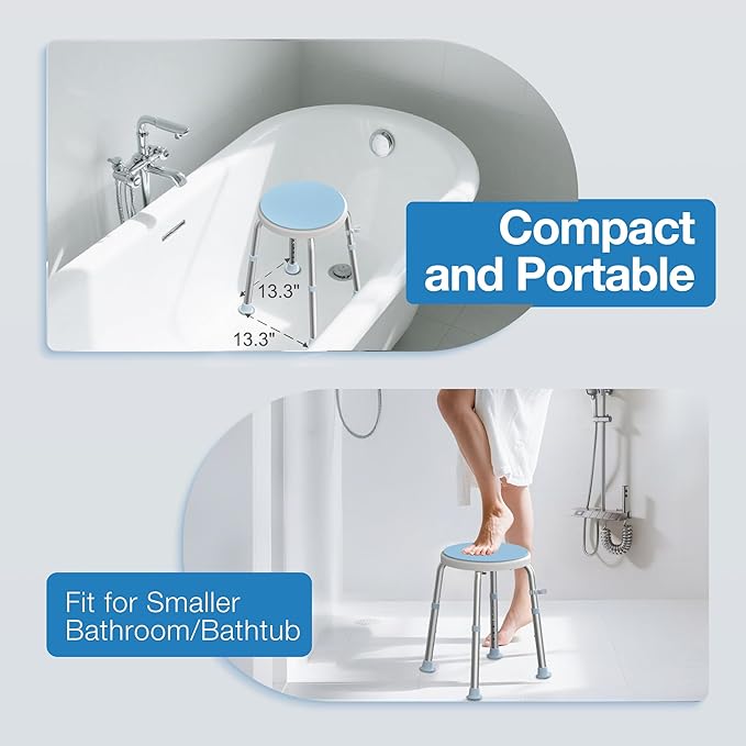 WHLICKS Swivel Shower Stool for Inside Shower, 360° Rotating Stool with Non-Slip Seat Pad, Adjustable Shower Chair for Seniors with 6 Height Levels, Lightweight Seat Up to 300 lbs, Tool-Free Assembly