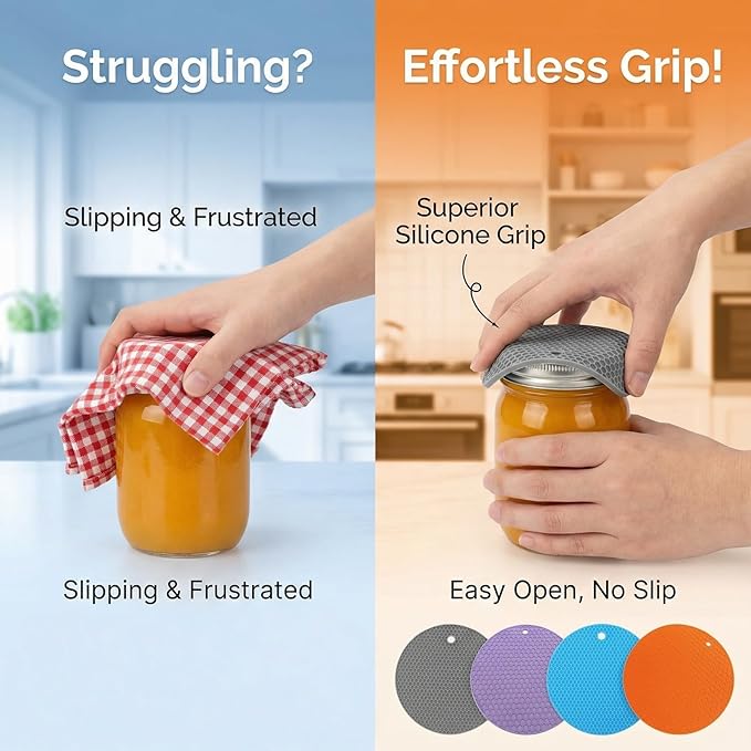 Set of 4 Multifunctional Silicone Grippers, Gray Purple Blue Orange Jar Openers and Trivet Mats, Non-Slip Lid Opener for Weak Hands, Heat Resistant Hot Pads for Kitchen (17.5cm Round)