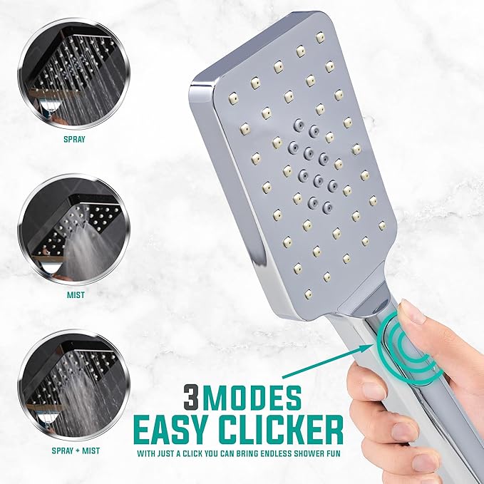 Metpure Handheld Shower Head with Easy Clicker for Multiple Sprays. Low Profile Lightweight Rectangular Shower Head. Stainless Steel Hose & Adjustable Mount Holder. Chrome Finish