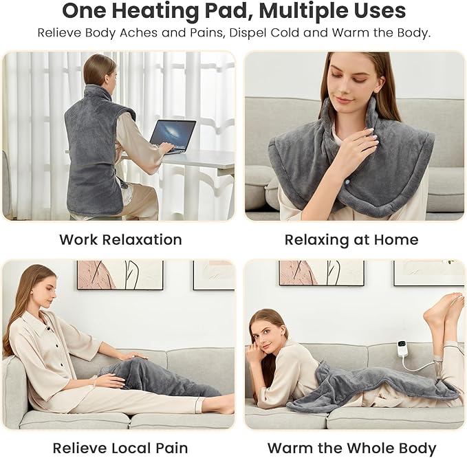 Fotgear Heating Pad for Neck Shoulders & Back - 24"x37" Large Weighted Electric Heat Pad with 6 Time Settings & 8 Heating Levels, Fast Heating & Overheat Protection, Gifts for Mom Women, Gray