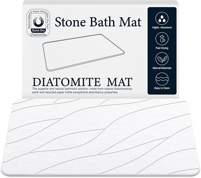 Diatomaceous Earth Stone Bath Mat, Quick Dry Non-Slip Super Absorbent Diatomite Stone Mats for Bathroom (White 1 Pack)