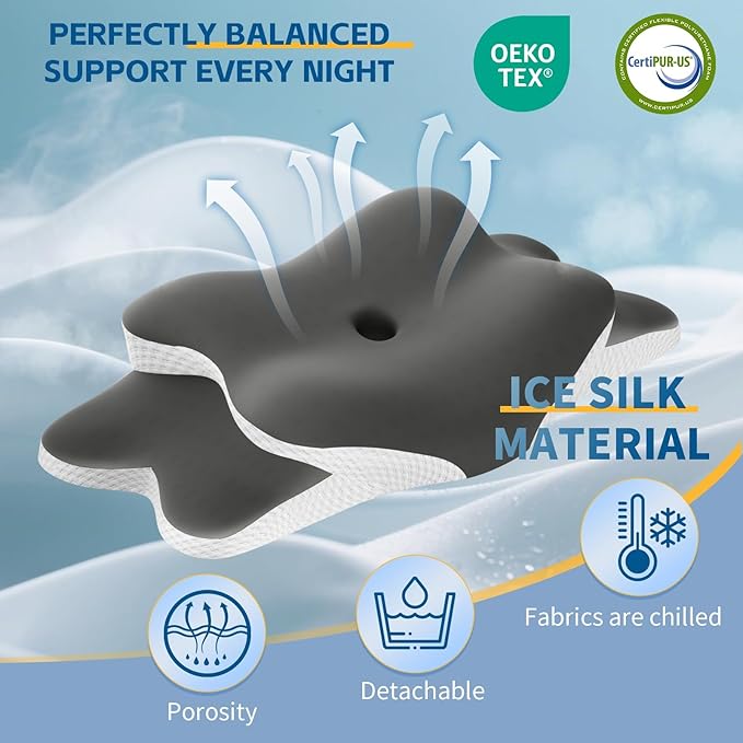 Cervical Neck Pillow for Neck and Shoulder Pain Relief, Memory Foam Pillow, Ergonomic Contour Side Sleeper Pillows, Soft Cooling Orthopedic Pillow for Side Back Stomach Sleepers (Grey)