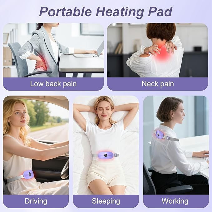 Portable Cordless Heating Pad, 5s Fast Heating, 3 Heat Levels and 3 Massage Modes, Menstrual Heating Pads for Women and Girls (Purple)