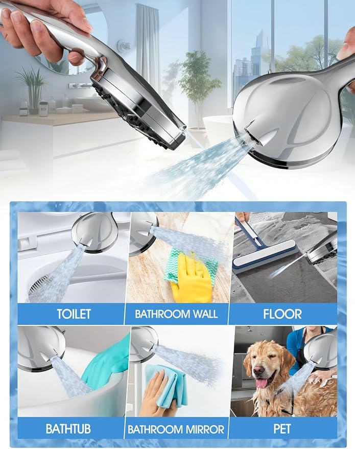 High Pressure Shower Head with Handheld, 10 Spray Modes Hand Held Showerhead, Built-in 2-Mode Power Wash for Bathroom Tub & Pets, 59 Inch Stainless Steel Hose, Adjustable Bracket, Chrome