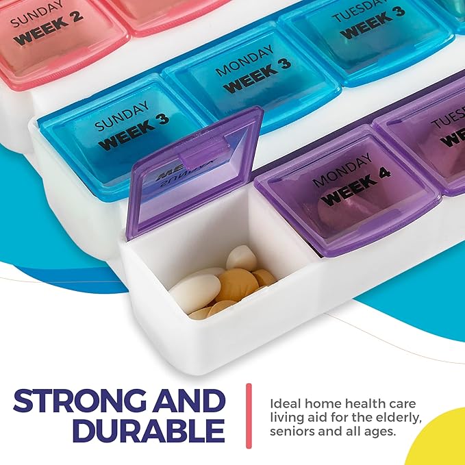 Monthly Pill Organizers - (Pack of 2) 28 Day Monthly Pill Planners to Separate Pills & Vitamins Week to Week, Travel Medication Reminder Daily Monday to Sunday Compartments