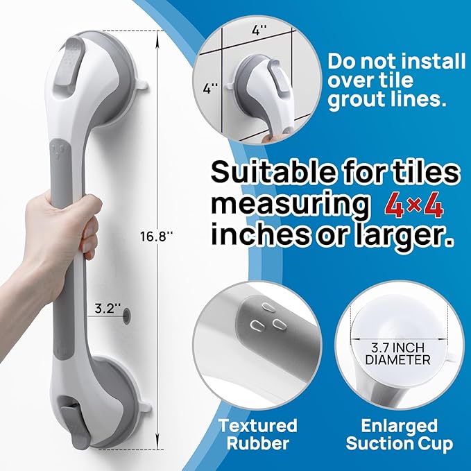 LEVERLOC 2 Pack Shower Grab Bars for Bathtubs and Showers, Easy to Install Suction Shower Handles for Bathroom Removable Handrails for Seniors Elderly Heavy Duty Safety Grip Waterproof Drill Free Gray