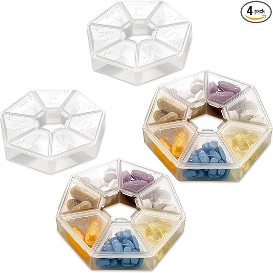 MEDca Weekly Pill Organizer Clear 7-Sided Pill Reminder, Round Shaped, Pack of 4