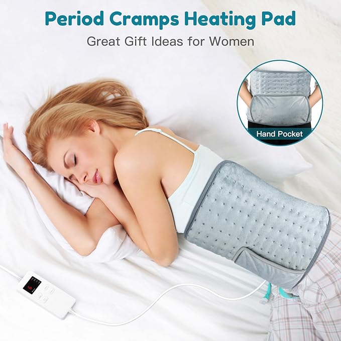 Heating Pad Back Pain Relief Electric Heating Pad for Period Cramps Lower Back Neck Shoulders Pain Relief 6-Hour Auto Off 12x24 Heated Pad + 20" Belt 4 Timer 6 Heat Level Wrap (Gray)