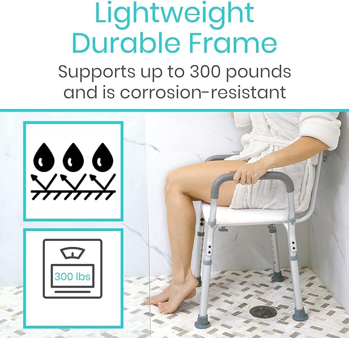 Vive Shower Chair with Arms & Back - Small, Narrow, Medical, Universal Bath Tub Transfer Bench - Safe Adjustable Handicap Stool for Inside Bathtub, Bathroom - Rotating Safety Sliding
