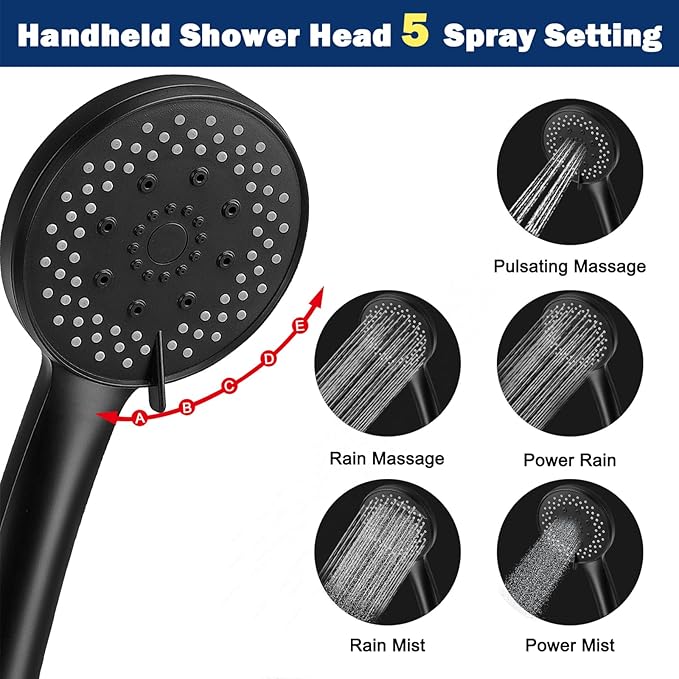 NearMoon Shower Head with Hose, High-Pressure Stainless Steel 8'' Rain Shower and 5 Settings Handheld Spray Combo with Push Button Flow Control for Easy Operation (Matte Black)