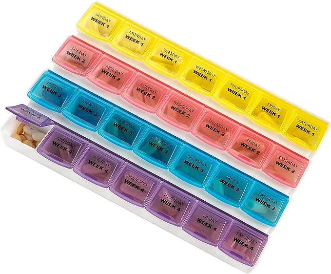 Monthly Pill Organizer - 28 Day Monthly Pill Planner to Separate Pills & Vitamins Week to Week, Travel Medication Reminder Daily Monday to Sunday Compartments