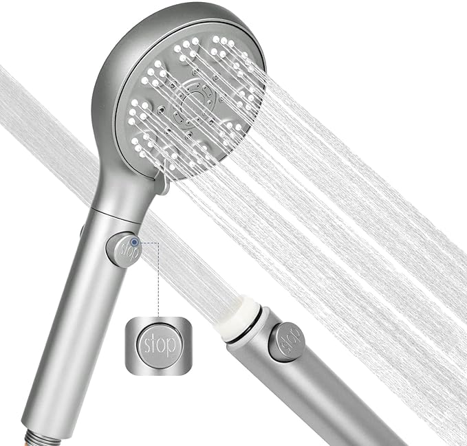 Shower Head with Handheld, High Pressure 5 Modes Water Saving Handheld Shower Head, One Button Water Stop, with 6-inch Extra Long Stainless Steel Hose and Adjustable Mounting Holder, Silver