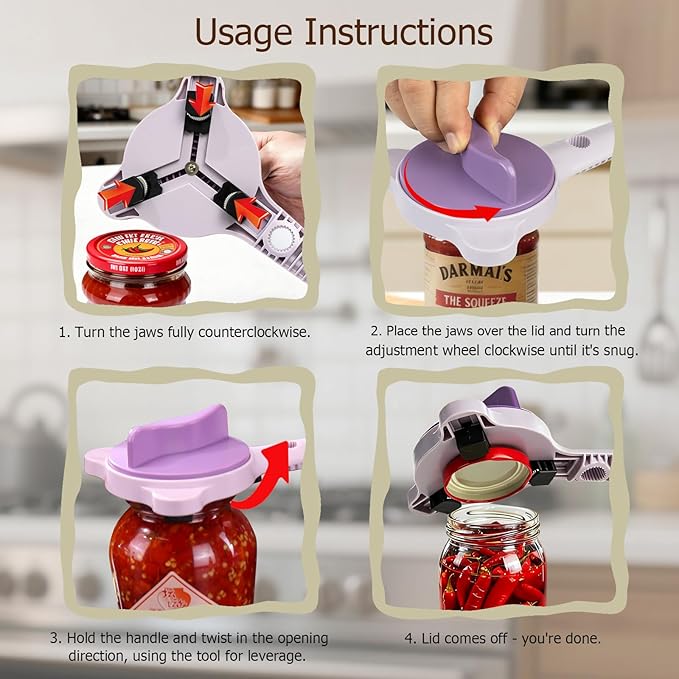 4-in-1 Jar Opener, Adjustable Jar Opener for Seniors, Kitchen Tool Designed Specifically for Seniors and Those with Limited Physical Strength, Suitable For Beer, Salad Dressing, Jar (Purple)
