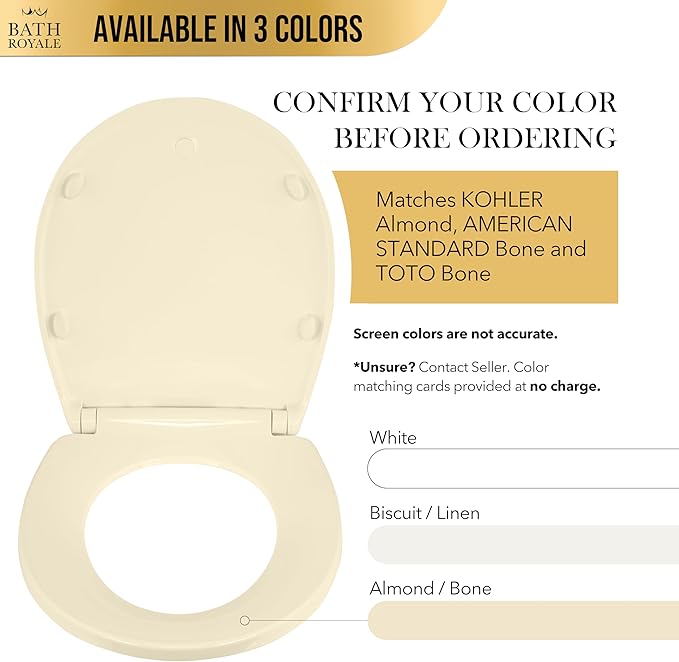 Bath Royale Toilet Seat Upgrade Round BR500-02 Heavy Duty Quiet Close, Durable, Stain-Resistant and Easy to Clean, Fits All Toilet Brands, Executive Series - Almond/Bone