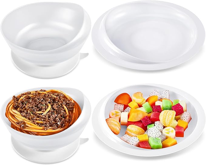 Hushee 2 Sets Adaptive Spill Proof Scoop Bowl and Plate Set with Suction Base Non Skid Self Feed Suction Dinnerware for Elderly Disabled Handicapped from Parkinsons Tremor (White)