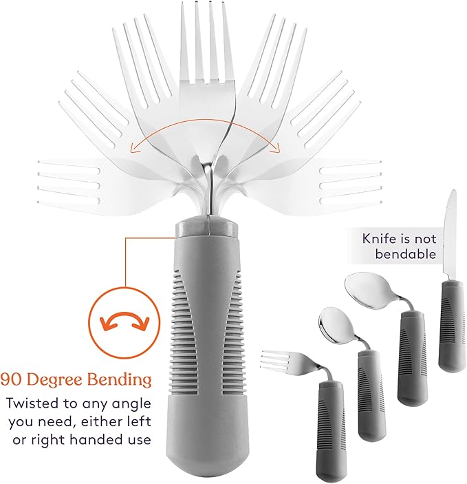 Special Supplies Adaptive Utensils (4-Piece Kitchen Set) Weighted, Non-Slip Handles for Hand Tremors, Arthritis, Parkinson’s Elderly use - Stainless Steel Knife, Fork, Spoons (Grey)