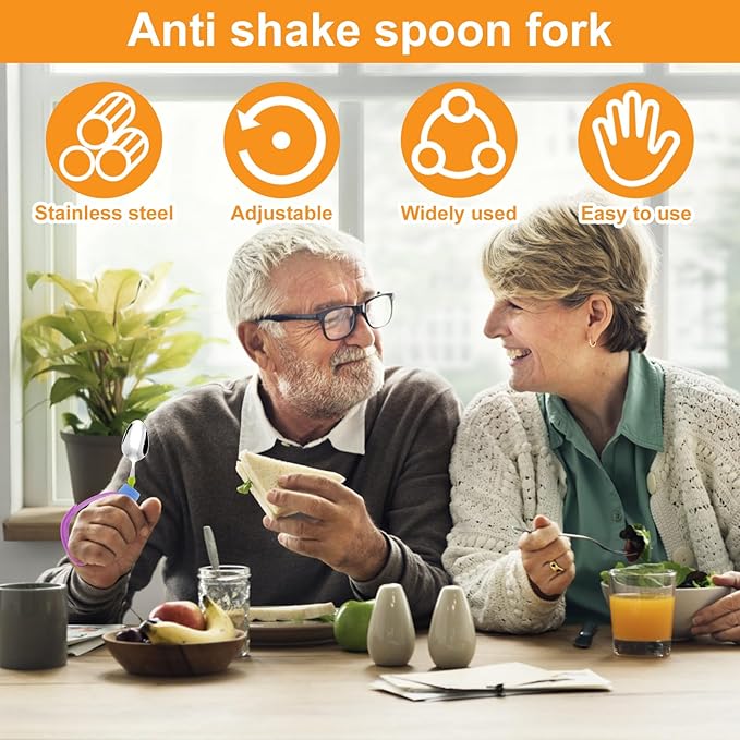 Adaptive Utensils for Elderly, Built Up Bendable Fork, Easy Grip Silverware for Hand Tremors, Weak Hand Grip & Handicapped, Arthritic Hands - Non-Slip Handles, Adaptive Spoon and Fork for Disability