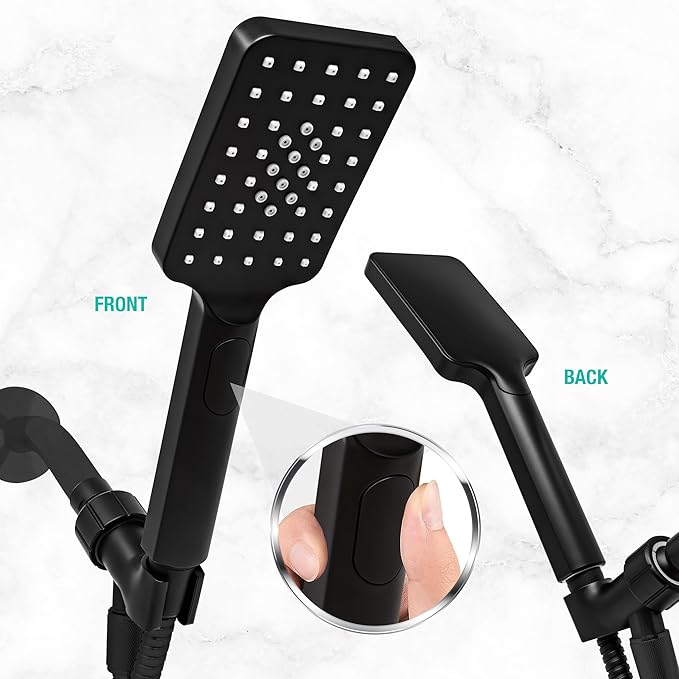 Metpure Handheld Shower Head with Easy Clicker for Multiple Sprays. Low Profile Lightweight Rectangular Shower Head. Stainless Steel Hose & Adjustable Mount Holder. Matte Black Finish