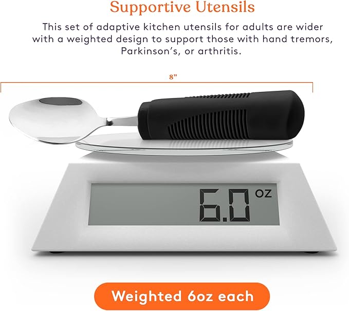 Special Supplies Adaptive Utensils (4-Piece Kitchen Set) Weighted, Non-Slip Handles for Hand Tremors, Arthritis, Parkinson’s Elderly use - Stainless Steel Knife, Fork, Spoons (Black Weighted Bendable)
