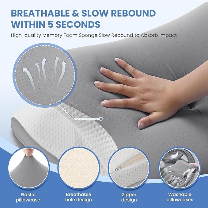 JINXIA Cervical Neck Pillow for Sleeping, Odorless Memory Foam Pillows & Cooling Cover, Ergonomic Orthopedic Neck Support Pillow for Side Back Stomach Sleepers, Neck and Shoulder Pain Relief, Gray