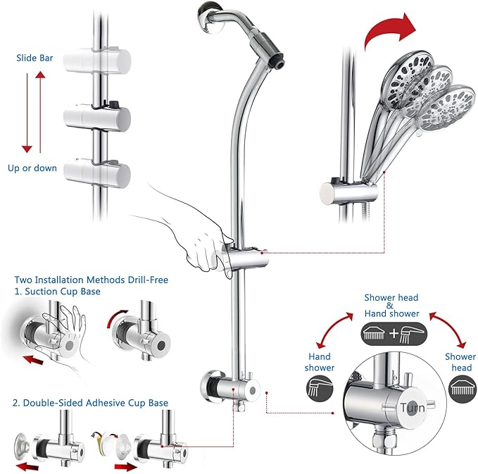 High Pressure 48-Settings Shower Head with Handheld Shower,Drill-Free 3-Way Diverter for Easy Reach,Adjustable Height Slide Bar Dual Shower Head Combo Set - Chrome