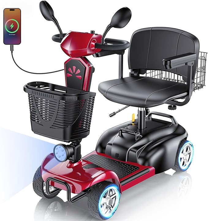 15/25/30/50Miles Eldryvon 4 Wheels Electric Mobility Scooter for Seniors, Dual Basket, 350W Powered Wheelchair with Rotating Seat, Mirrors, Foldable Motorized Scooter for Adults (Red, 50Miles)