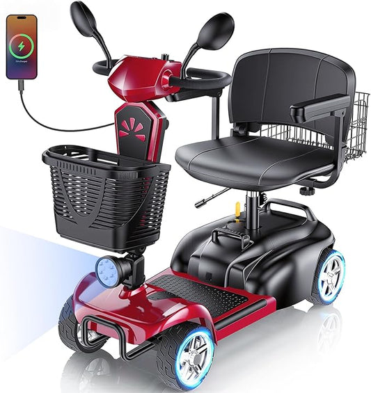 15/25/30/50Miles Eldryvon 4 Wheels Electric Mobility Scooter for Seniors, Dual Basket, 350W Powered Wheelchair with Rotating Seat, Mirrors, Foldable Motorized Scooter for Adults (Red, 30Miles)