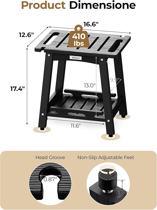 Shower Bench Seat, Non-Slip Shower Benches for Inside Shower to Sit on, HDPE Waterproof Shower Stool for Shaving Legs, Shower Chair with Adjustable Feet for Bathroom, Indoor/Outdoor Use, Black