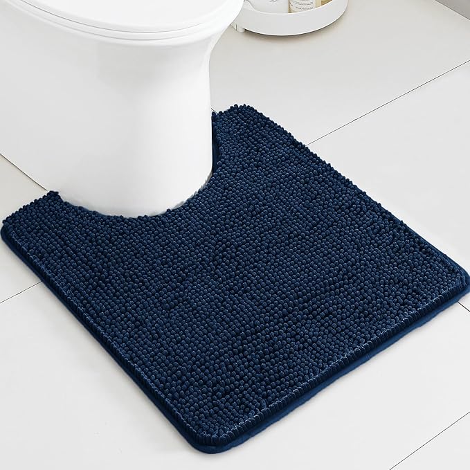Navy Blue Toilet Rug U Shaped – Absorbent and Washable Contour Bathroom Rugs for Toilet, Non-Slip, Thick Soft Chenille Contoured Bath Mat - 20" x 24"