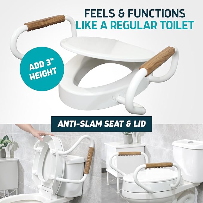 Lunderg Raised Toilet Seat with Handles - Elongated - Easy to Install Toilet Seat Risers for Seniors - Adds 3 Inches & Works like the one you’ve always used - Elegant design - No Hospital Vibe