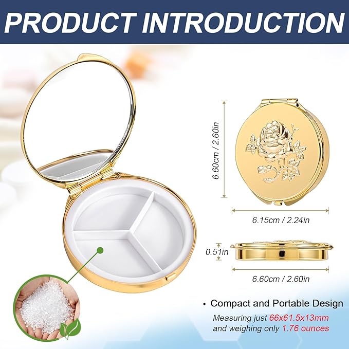 Portable Round Metal Pill Case with Mirror, Featuring 3 Compartments—Perfect for Travel. BPA-Free. (S-Gold, Small)